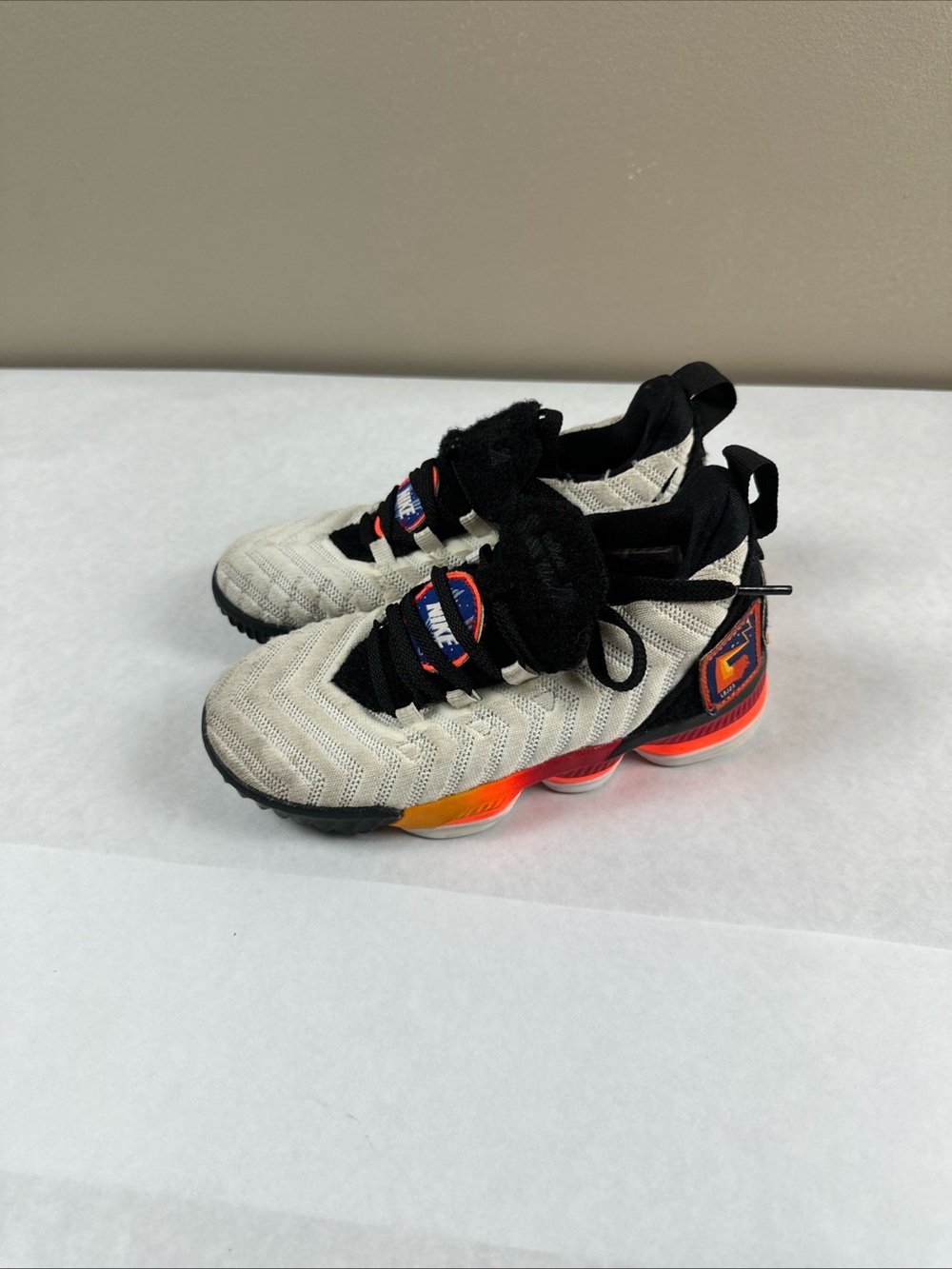 Nike LeBron XV1 Kids Cream, Black and Orange Gradient Sneakers